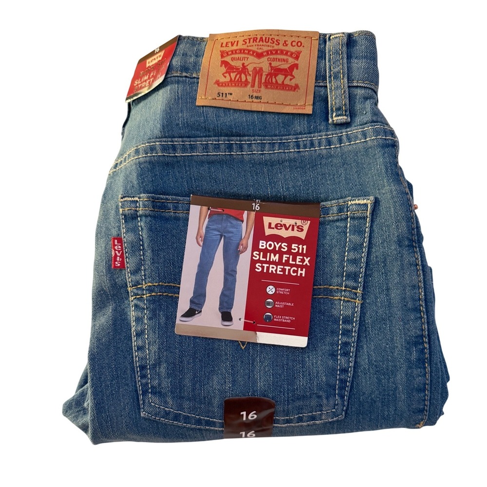 Levis Boys 511 Slim Flex Stretch Jeans Adjustable Waist Blue Denim‎ Size 16 Reg